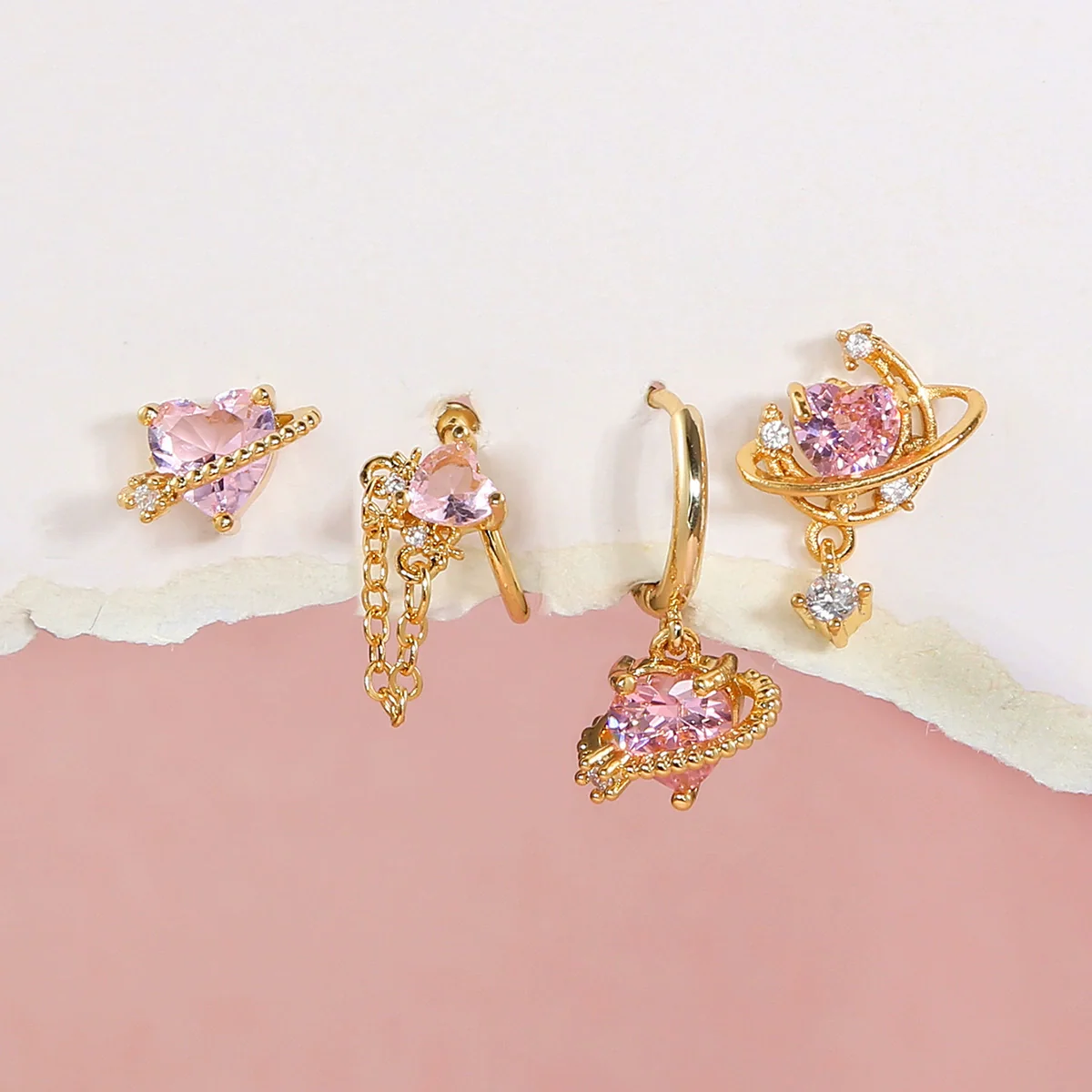 Wholesale Jewelry Sweet Style Heart Shape Brass Diamond Earrings Set For Women - Image 3