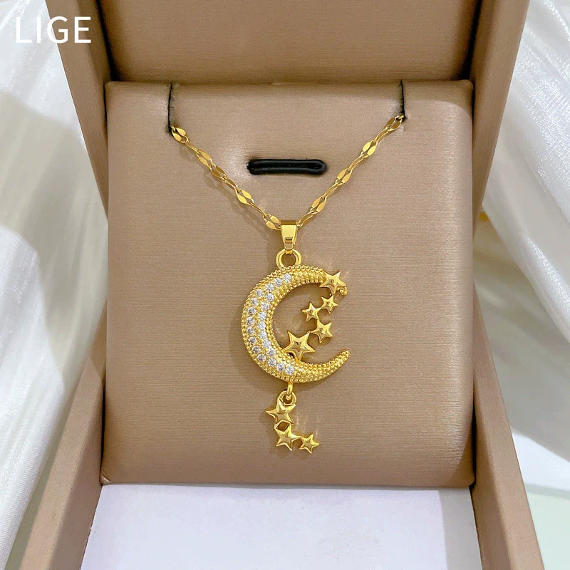 Wholesale Jewelry Titanium Steel Copper Geometric Moon Star Tassel Necklace Unisex