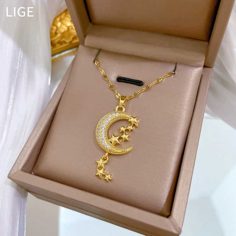 Wholesale Jewelry Titanium Steel Copper Geometric Moon Star Tassel Necklace Unisex - Image 3
