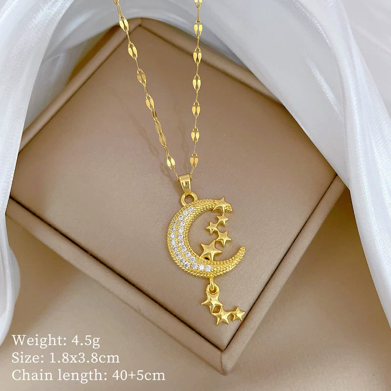Wholesale Jewelry Titanium Steel Copper Geometric Moon Star Tassel Necklace Unisex - Image 6