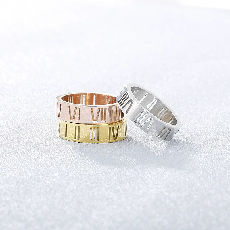 Wholesale Jewelry Titanium Steel Cut Out Roman Numeral Women's Ring Electroplated - Image 2
