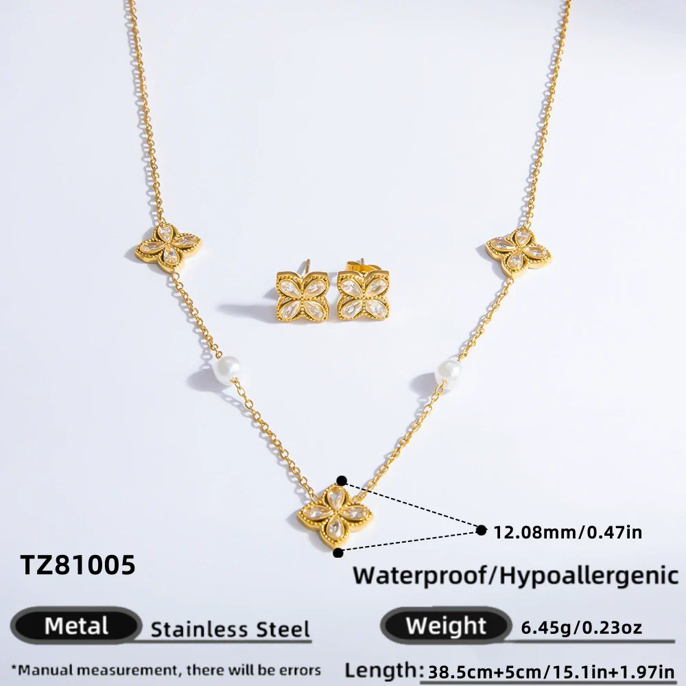 Wholesale Jewelry Titanium Steel Fourleaf Flower Light Luxury Electroplating Earrings And Necklace Set For Women - Image 6