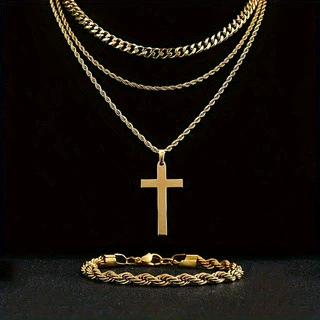 Wholesale Jewelry Titanium Steel Geometric Cuban Chain Double Layer Cross Pendant Necklace