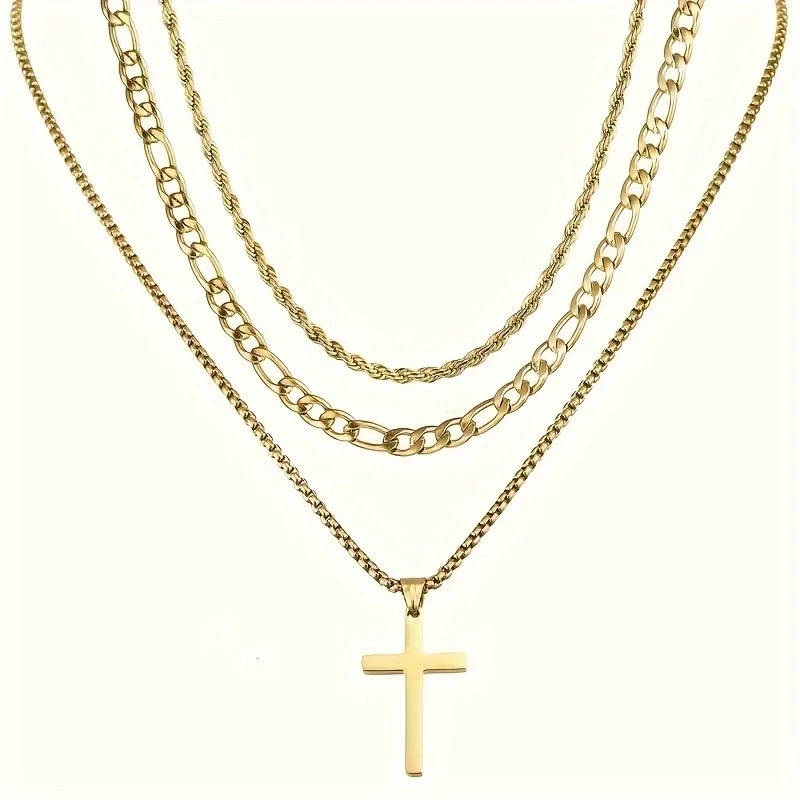Wholesale Jewelry Titanium Steel Geometric Cuban Chain Double Layer Cross Pendant Necklace - Image 5
