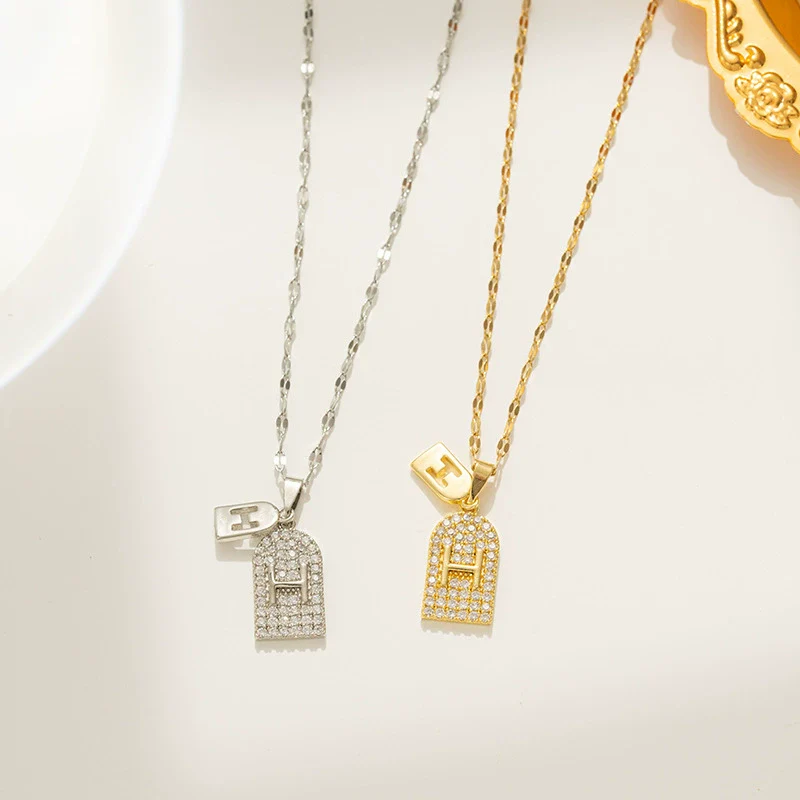 Wholesale Jewelry Titanium Steel Geometric Letter Diamond Pendant Necklace Water Wave Chain