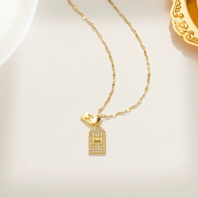 Wholesale Jewelry Titanium Steel Geometric Letter Diamond Pendant Necklace Water Wave Chain - Image 2