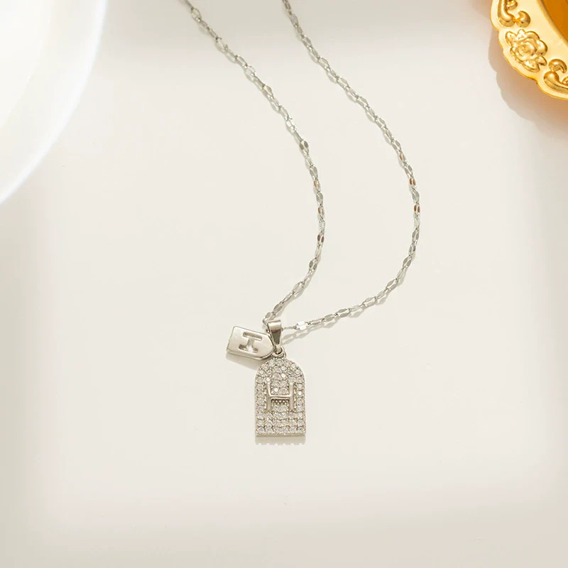 Wholesale Jewelry Titanium Steel Geometric Letter Diamond Pendant Necklace Water Wave Chain - Image 3