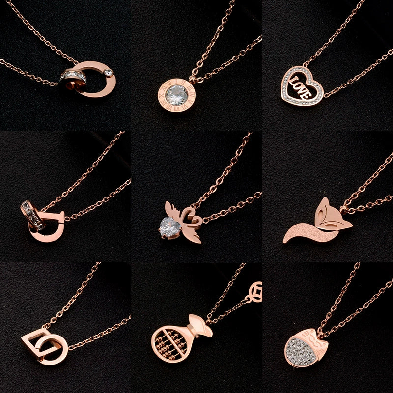 Wholesale Jewelry Titanium Steel Gold Color Pendant Necklace With Flower Pattern For Women Polished Box Chain