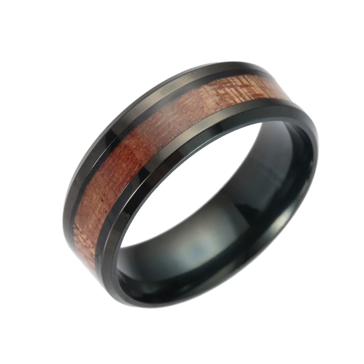 Wholesale Jewelry Titanium Steel Men's Ring Inlaid Acacia Wood With Geometric Pattern And Dripping Oil Treatment