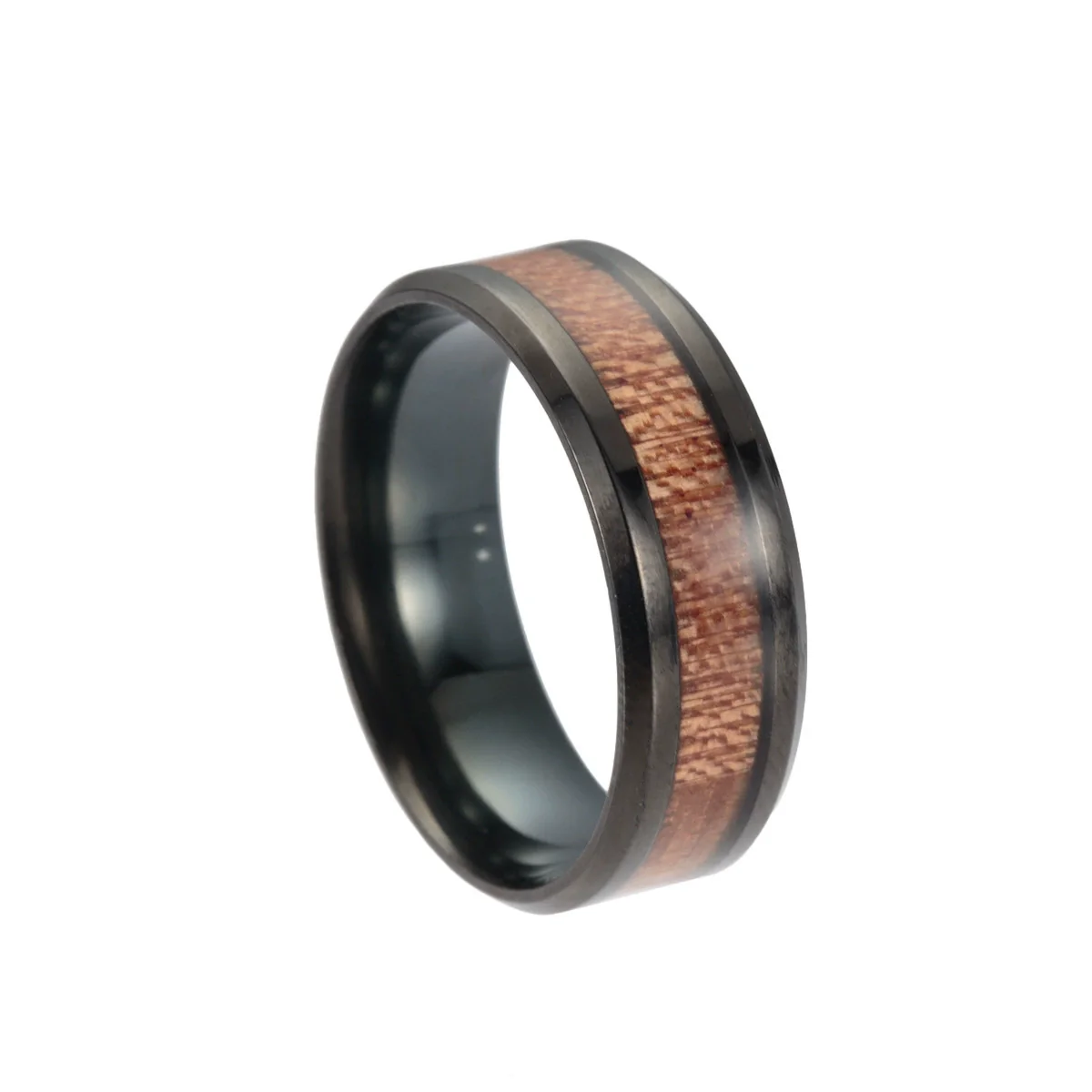 Wholesale Jewelry Titanium Steel Men's Ring Inlaid Acacia Wood With Geometric Pattern And Dripping Oil Treatment - Image 5