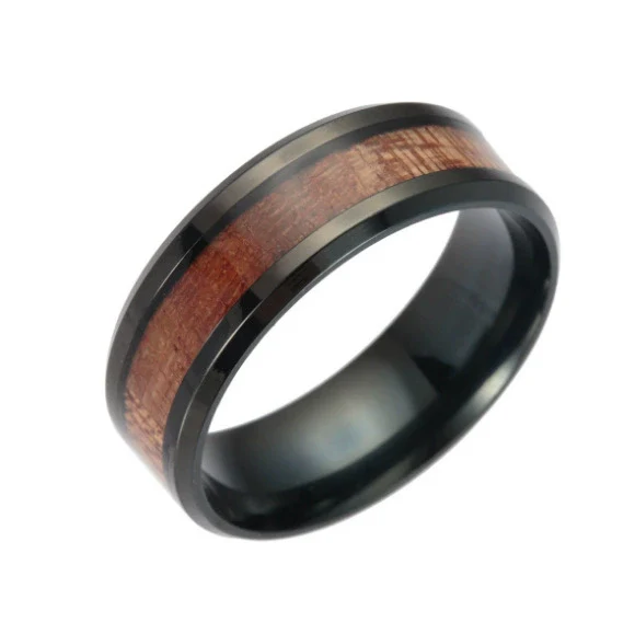 Wholesale Jewelry Titanium Steel Men's Ring Inlaid Acacia Wood With Geometric Pattern And Dripping Oil Treatment - Image 6