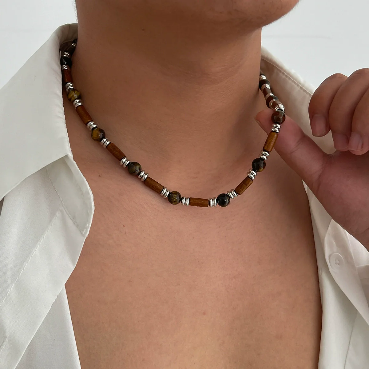 Wholesale Jewelry Wooden Beaded Geometric Bamboo Chain Necklace Handmade Male Accessories