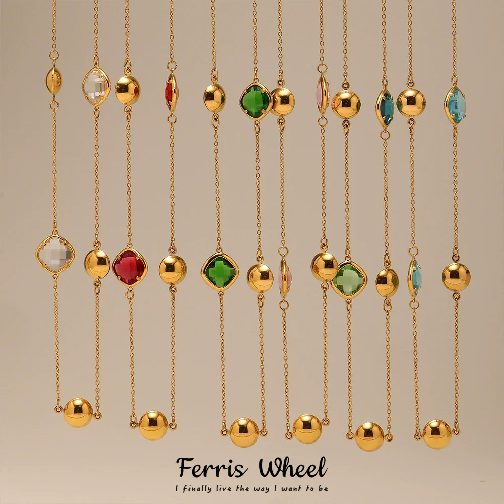 Wholesale Ladies Geometric Ferris Wheel Stainless Steel And Czech Glass Real Gold Plated Long Necklace