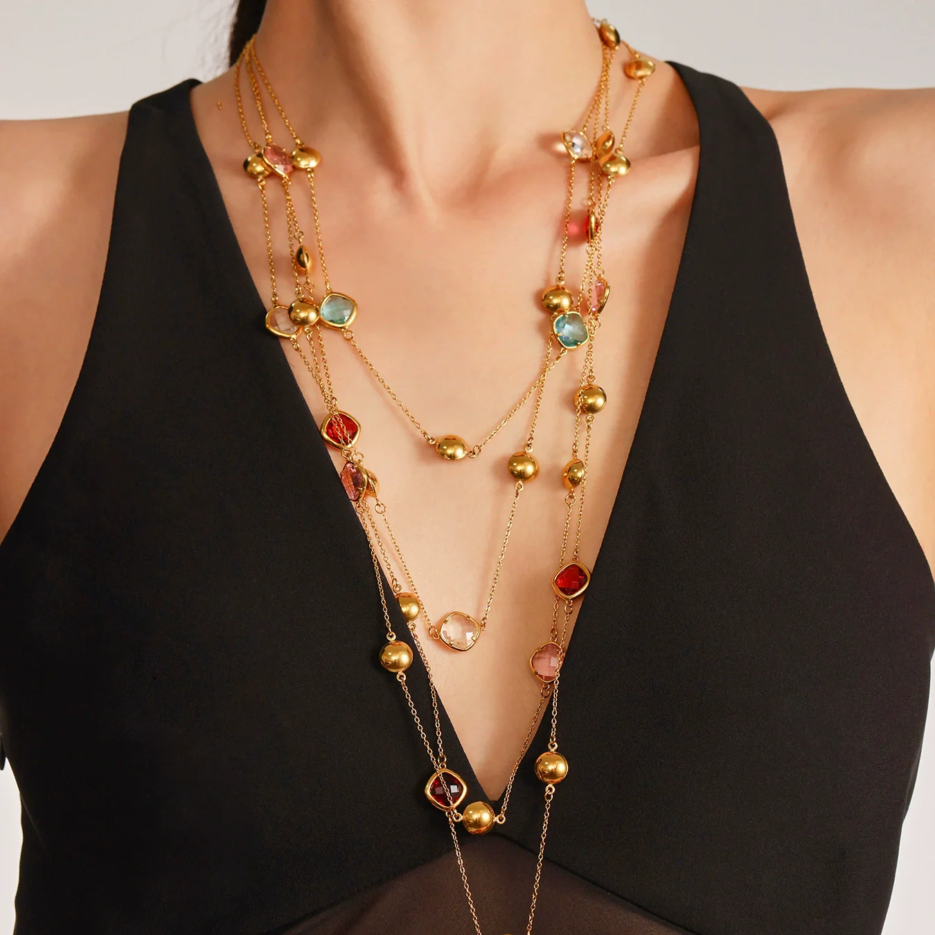 Wholesale Ladies Geometric Ferris Wheel Stainless Steel And Czech Glass Real Gold Plated Long Necklace - Image 2
