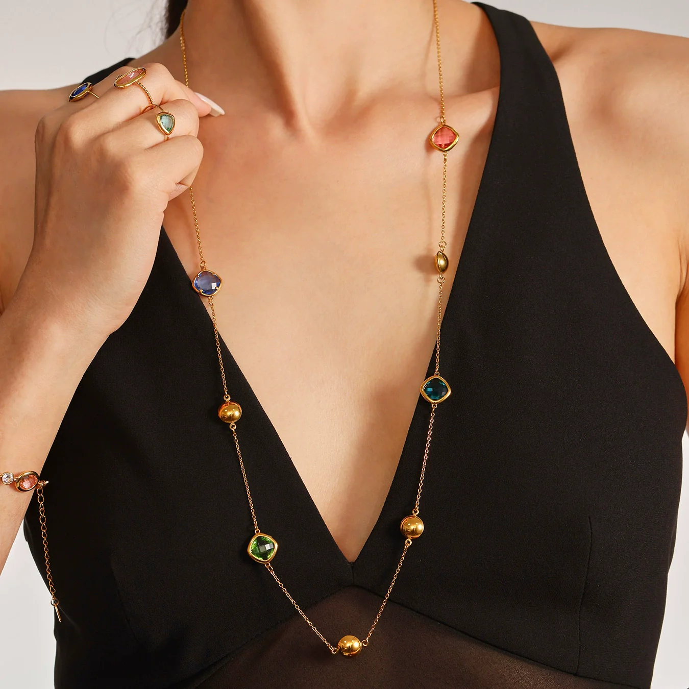 Wholesale Ladies Geometric Ferris Wheel Stainless Steel And Czech Glass Real Gold Plated Long Necklace - Image 4