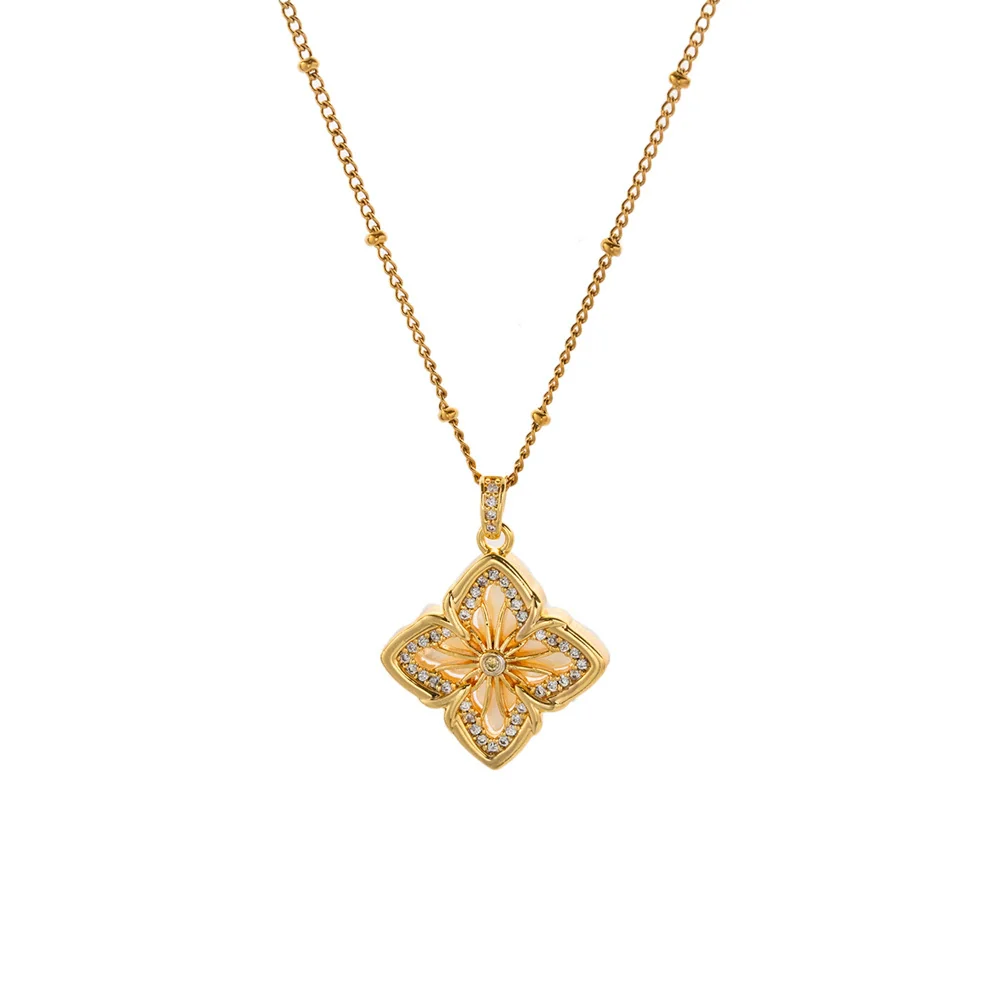 Wholesale Ladies' Geometric Floral Rhombus Pendant Necklace With 18K Gold Plated Copper And Zircon Inlay On Titanium Steel Flash Ochain - Image 4