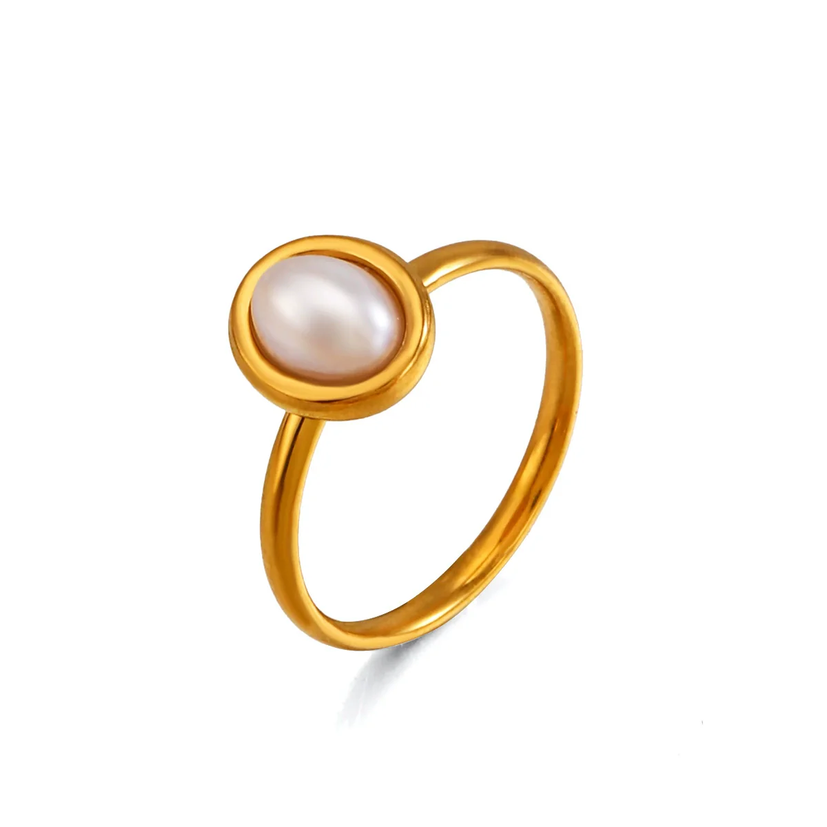 Wholesale Ladies Geometric Oval Stainless Steel Ring With Imitation Pearl Inlay And Electroplating - Image 5