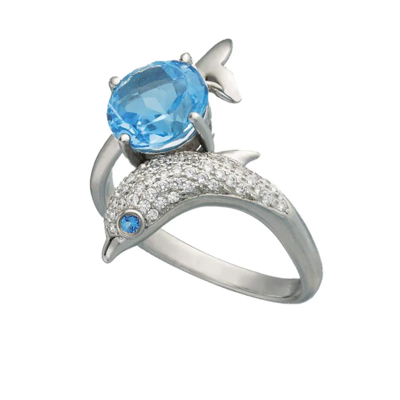 Wholesale Ladies Ring Jewelry Copper Inlaid Sapphire Blue Zircon Dolphin Shape Animal Pattern - Image 4