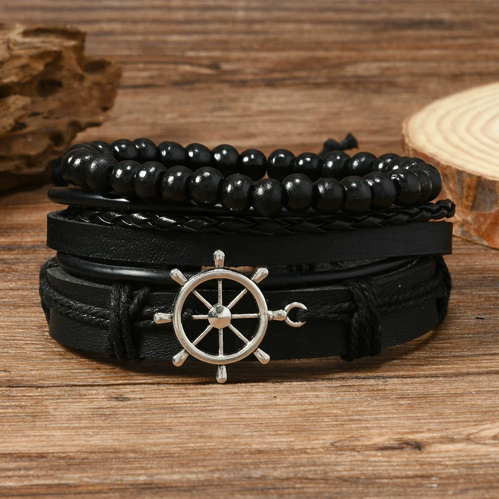 Wholesale Leather Alloy Multilayer Handwoven Threepiece Bracelet Set Retro Vintage Geometric Style