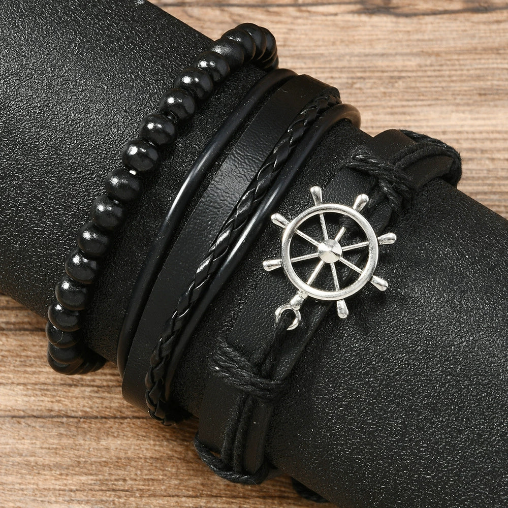 Wholesale Leather Alloy Multilayer Handwoven Threepiece Bracelet Set Retro Vintage Geometric Style - Image 2