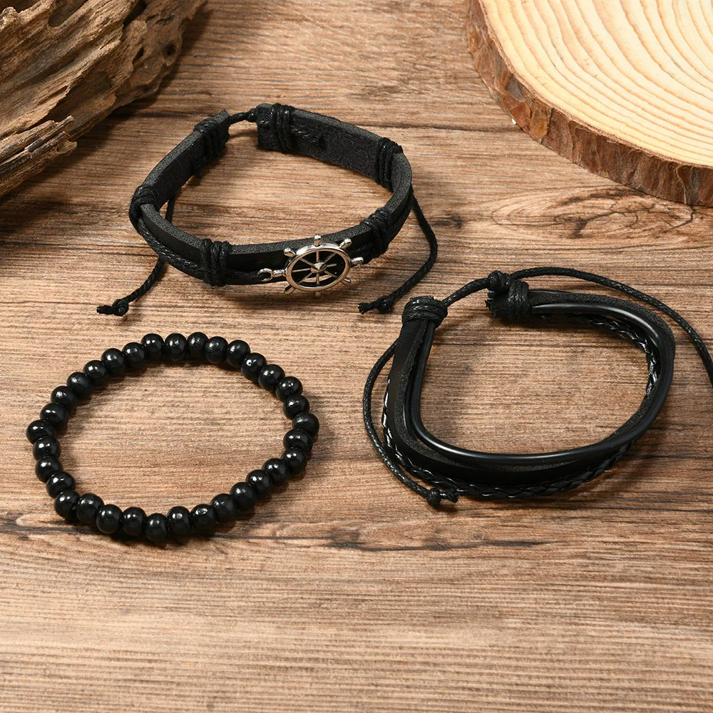 Wholesale Leather Alloy Multilayer Handwoven Threepiece Bracelet Set Retro Vintage Geometric Style - Image 3