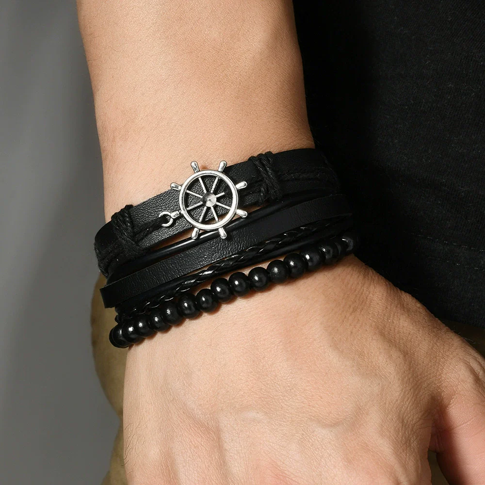 Wholesale Leather Alloy Multilayer Handwoven Threepiece Bracelet Set Retro Vintage Geometric Style - Image 4