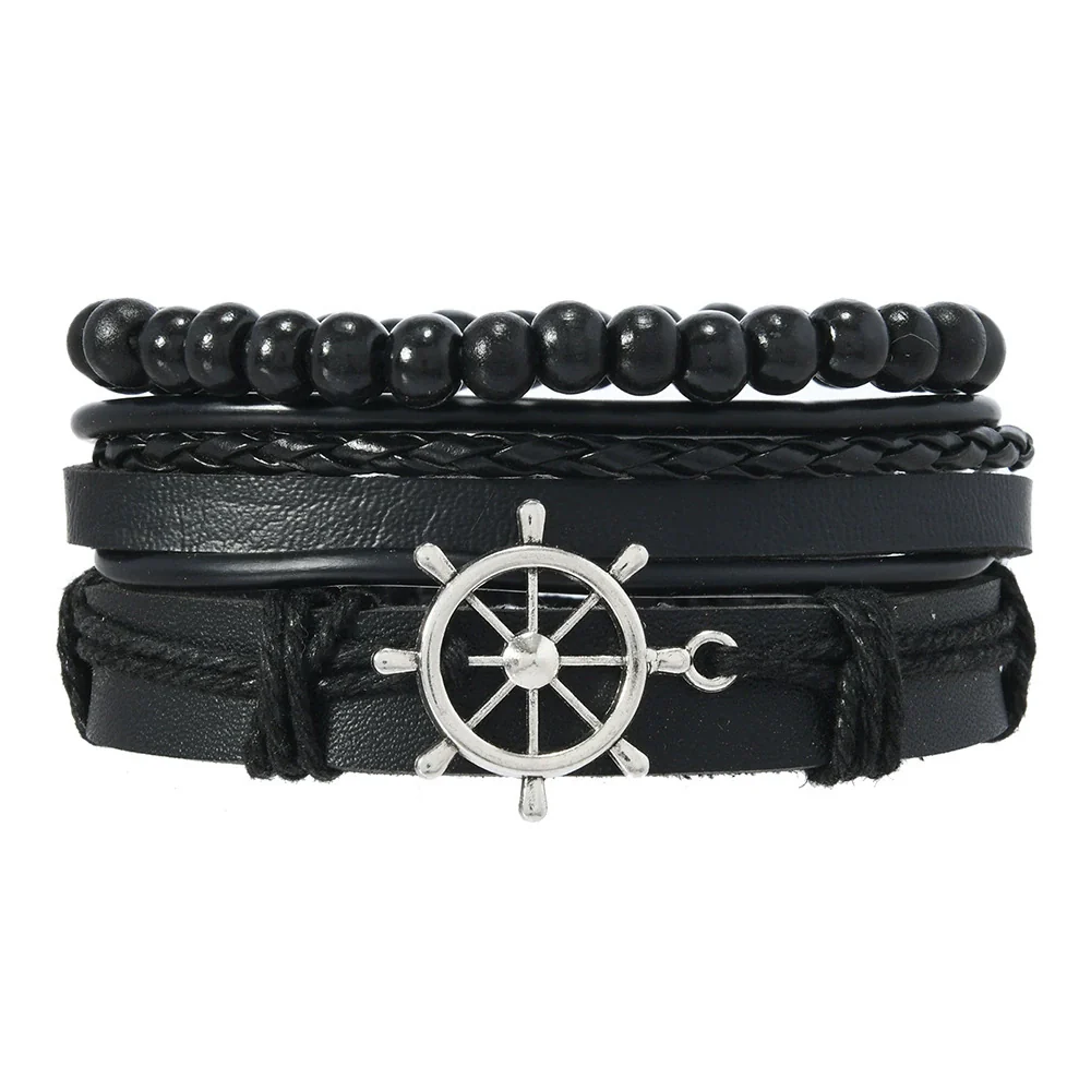 Wholesale Leather Alloy Multilayer Handwoven Threepiece Bracelet Set Retro Vintage Geometric Style - Image 6