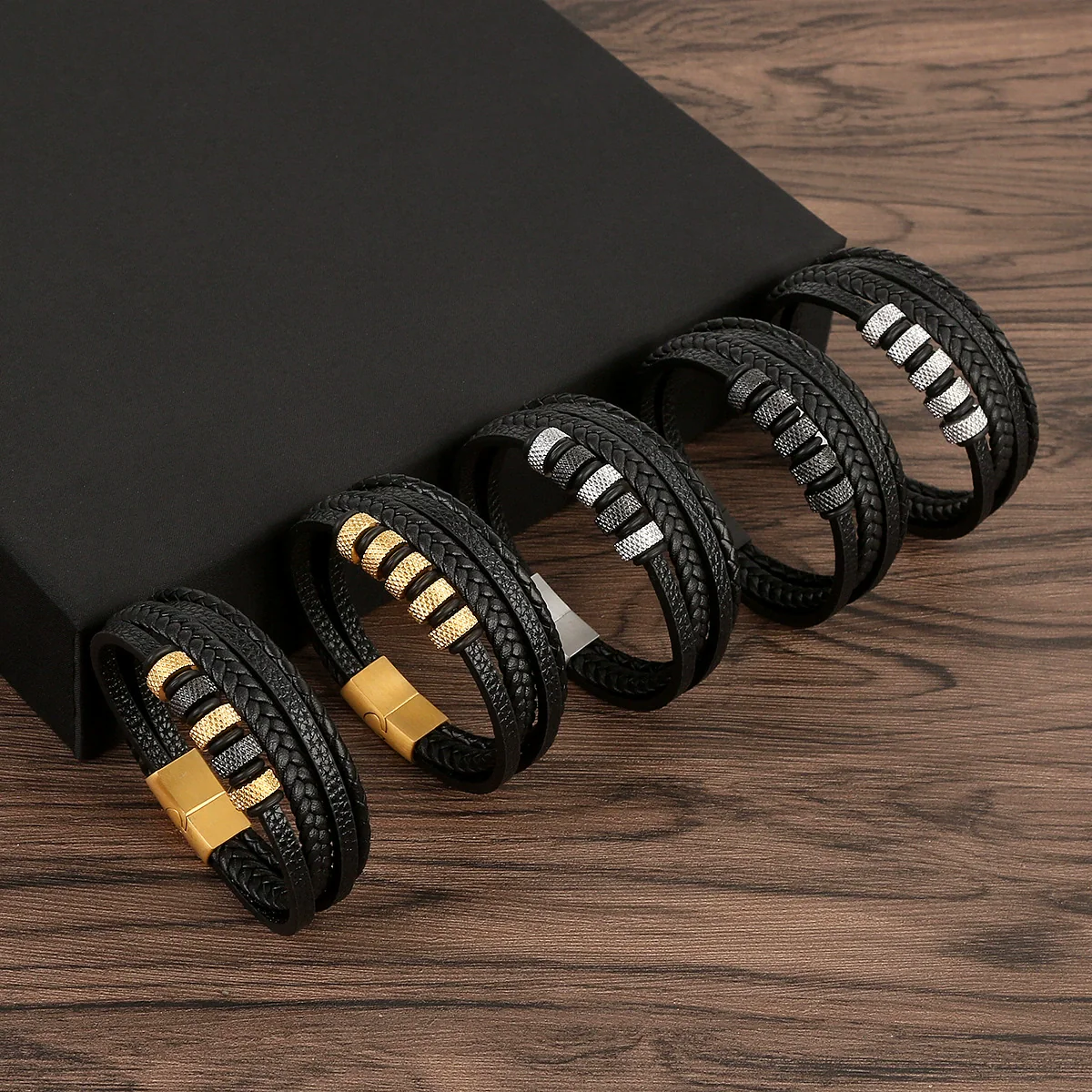 Wholesale Leather And Stainless Steel Handwoven Electroplated Bracelets For Men