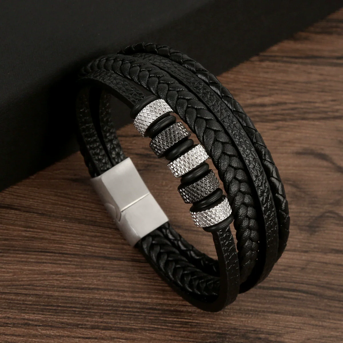 Wholesale Leather And Stainless Steel Handwoven Electroplated Bracelets For Men - Image 6