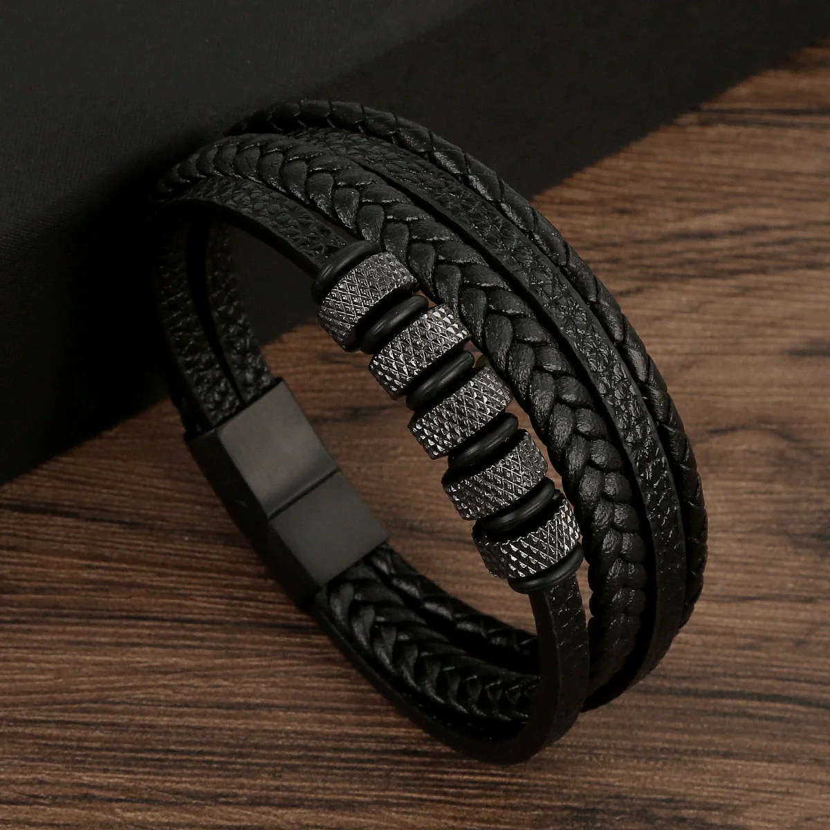Wholesale Leather And Stainless Steel Handwoven Electroplated Bracelets For Men - Image 7