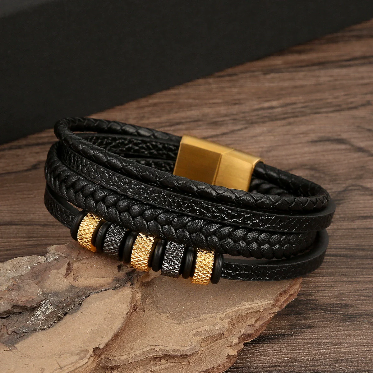 Wholesale Leather And Stainless Steel Handwoven Electroplated Bracelets For Men - Image 8