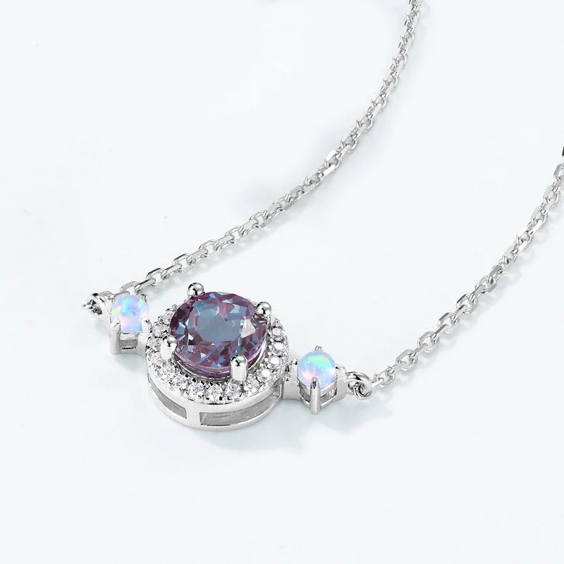 Wholesale Light Luxury Fashion Alexandrite Necklace S925 Silver Geometric Cultivated Variable Stone Color Women's Clavicle Chain With Diamond Design - Image 2
