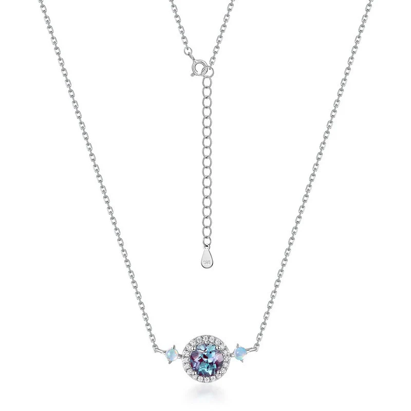 Wholesale Light Luxury Fashion Alexandrite Necklace S925 Silver Geometric Cultivated Variable Stone Color Women's Clavicle Chain With Diamond Design - Image 4