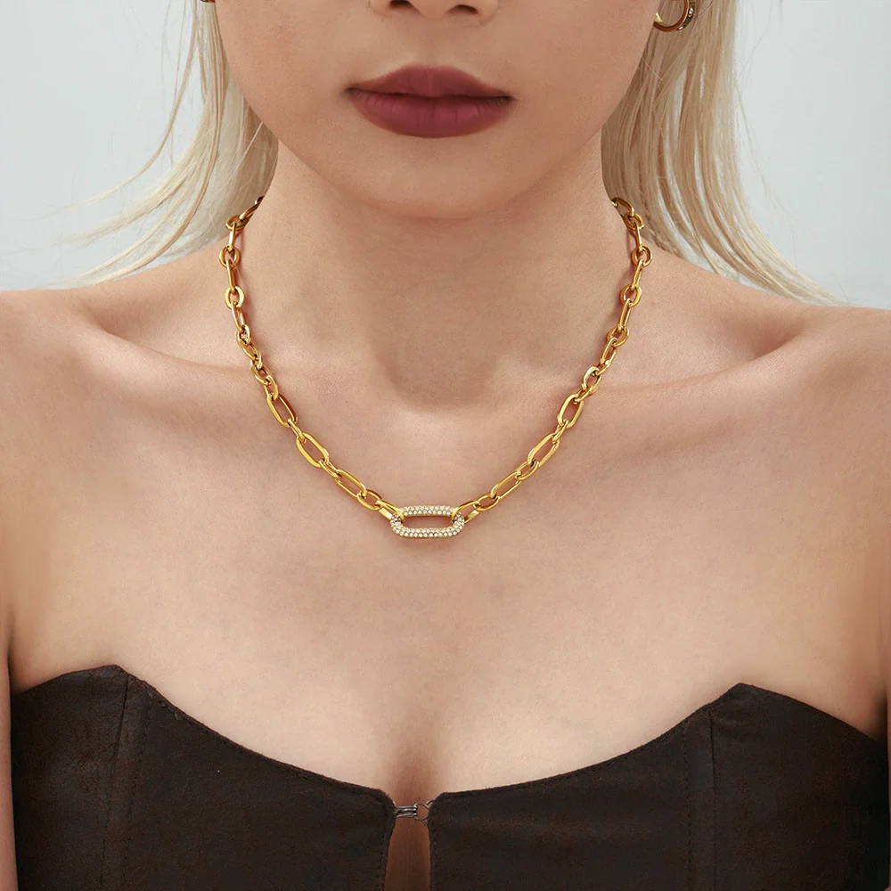 Wholesale Light Luxury Ferris Wheel Zircon Stainless Steel Gold Plated Necklace And Bracelet Set For Women - Image 3