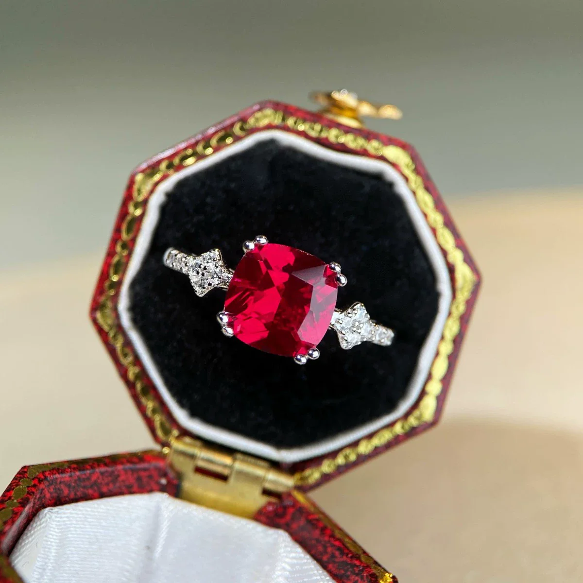 Wholesale Light Luxury Geometric 925 Sterling Silver Ring With Pigeon Blood Red Square Corundum - Image 3
