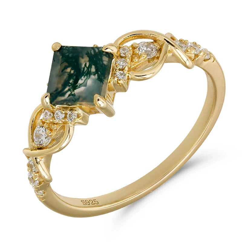 Wholesale Light Luxury Geometric Aquatic Agate Ring Made Of S925 Sterling Silver Plated With 14K Gold For Women