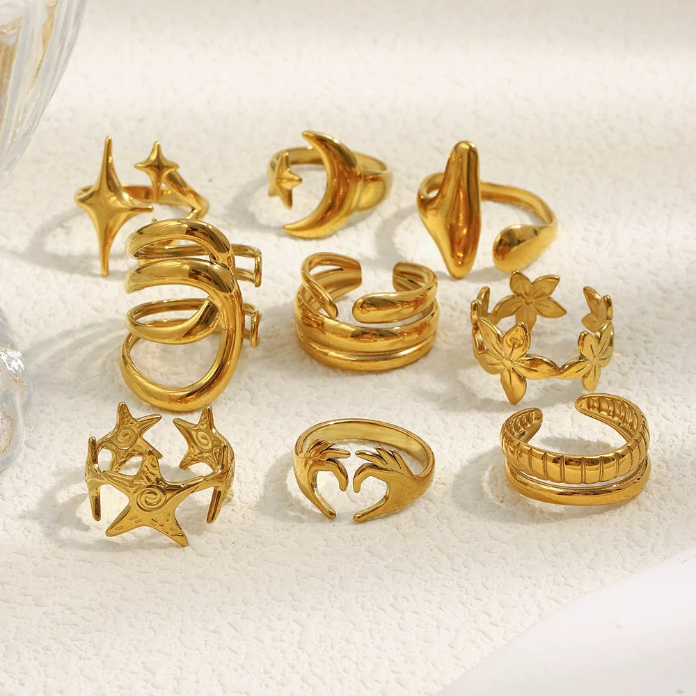 Wholesale Light Luxury Geometric Asymmetrical Heart Starfish Stainless Steel Electroplated Ring For Women Niche Design