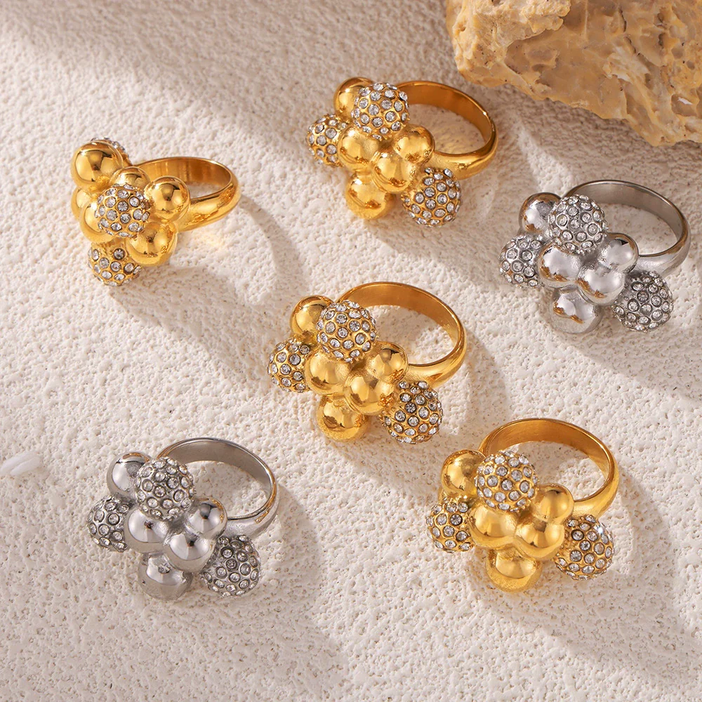 Wholesale Light Luxury Geometric Ball Diamond Ring For Women Titanium Steel 18K Gold Electroplated Fadingfree Jewelry - Image 2
