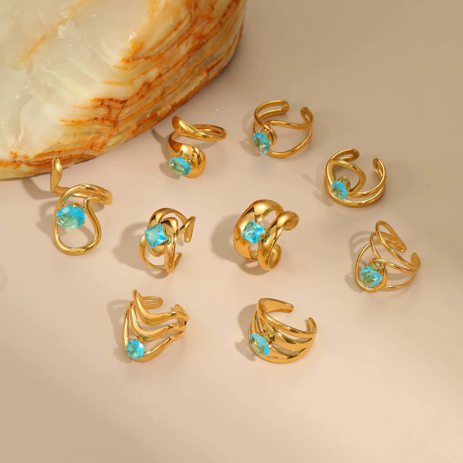 Wholesale Light Luxury Geometric Blue Zircon Stainless Steel 18K Gold Plated Ring And Bracelet For Women - Image 2