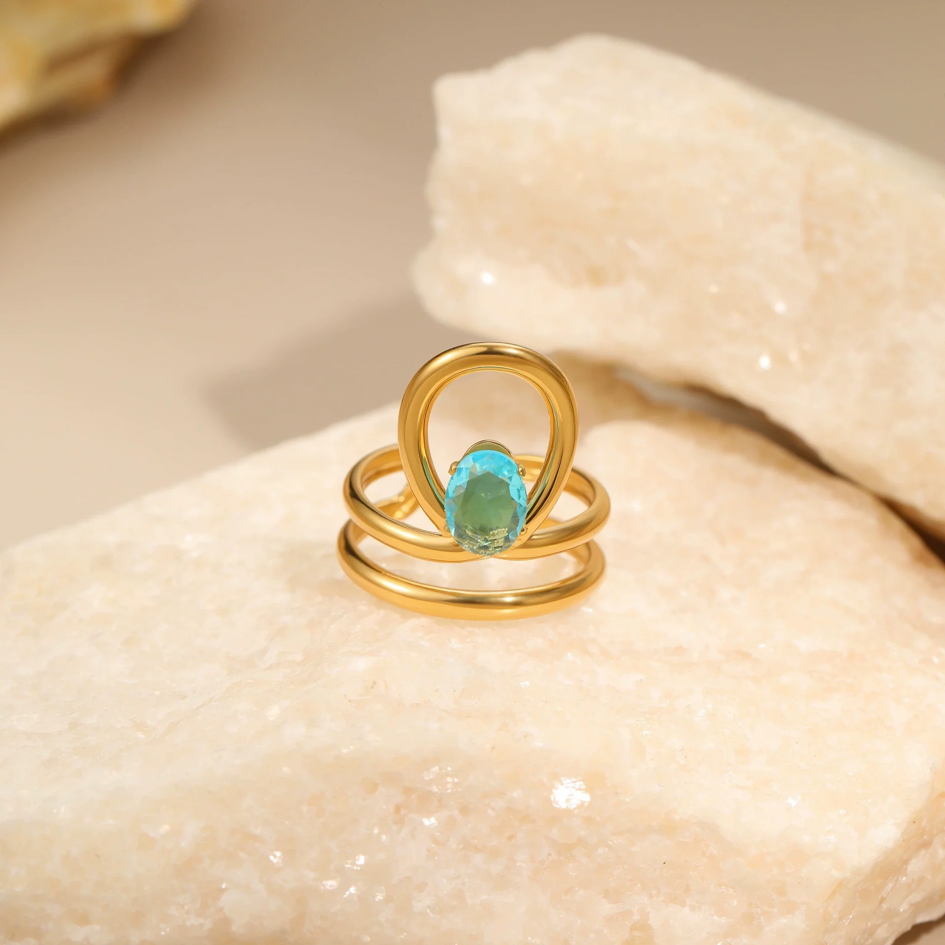 Wholesale Light Luxury Geometric Blue Zircon Stainless Steel 18K Gold Plated Ring And Bracelet For Women - Image 4