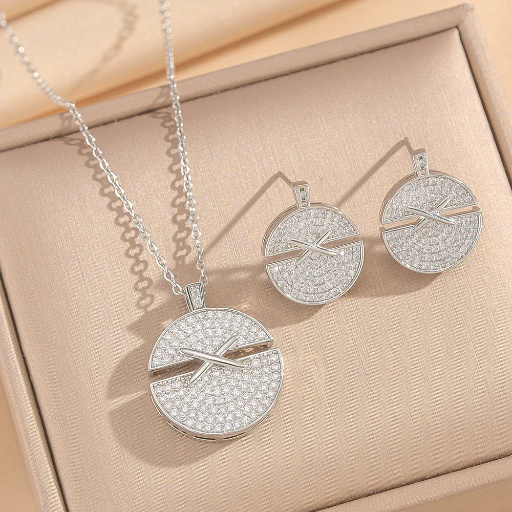 Wholesale Light Luxury Geometric Cross Crown Roman Numerals Diamond Inlay Gold Plated Copper O Word Chain Jewelry Set For Unisex - Image 3