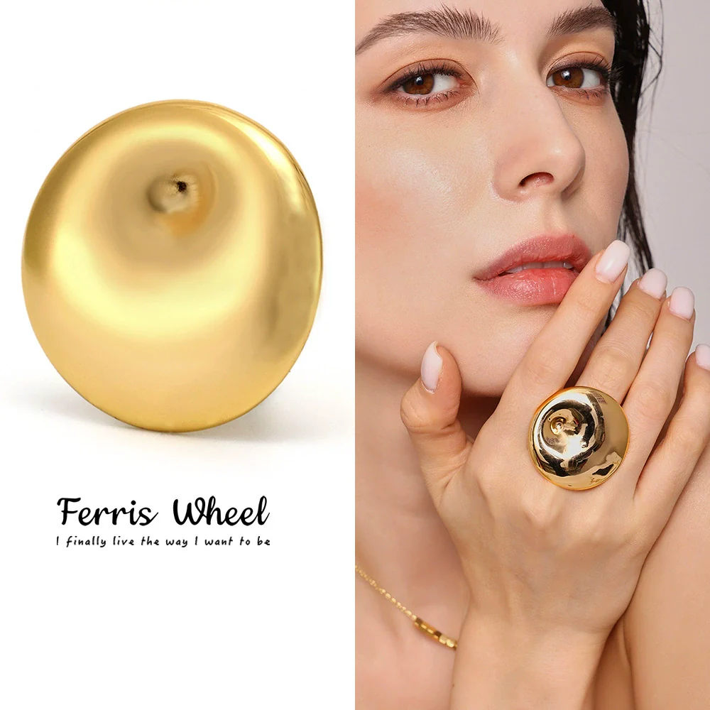 Wholesale Light Luxury Geometric Ferris Wheel Exaggerated Adjustable Opening Ring Titanium Steel 18K Gold Plated Unisex
