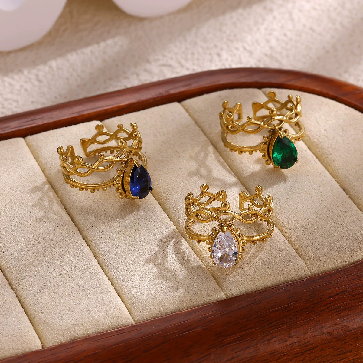 Wholesale Light Luxury Geometric Fruit Shaped Inlaid With Gold Zircon Stone Stainless Steel Plated 18K Gold Ring For Women - Image 2