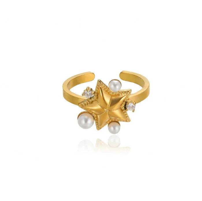 Wholesale Light Luxury Geometric Fruit Shaped Stainless Steel Imitation Pearl Ring Inlaid With Gold For Women - Image 9