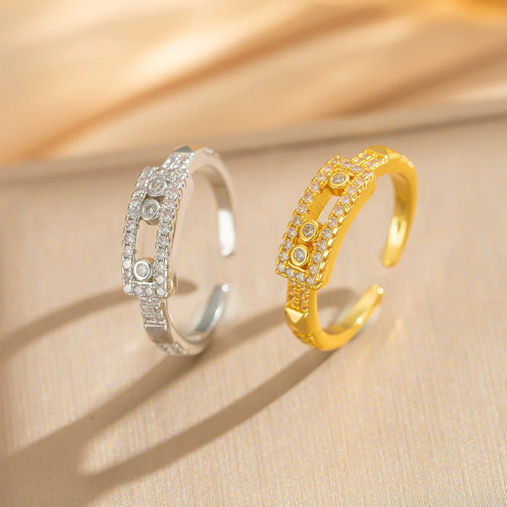 Wholesale Light Luxury Geometric Gold Plated Copper Adjustable Sliding Wide Couple Rings For Women
