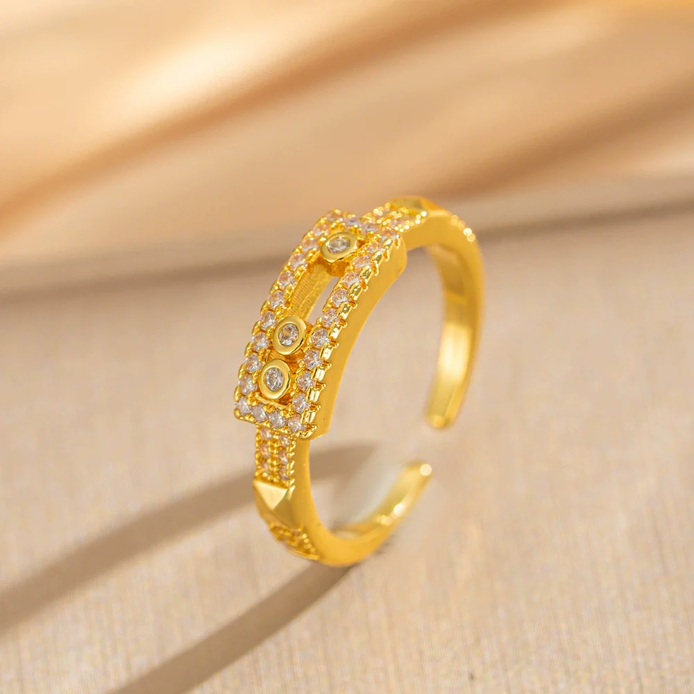 Wholesale Light Luxury Geometric Gold Plated Copper Adjustable Sliding Wide Couple Rings For Women - Image 2