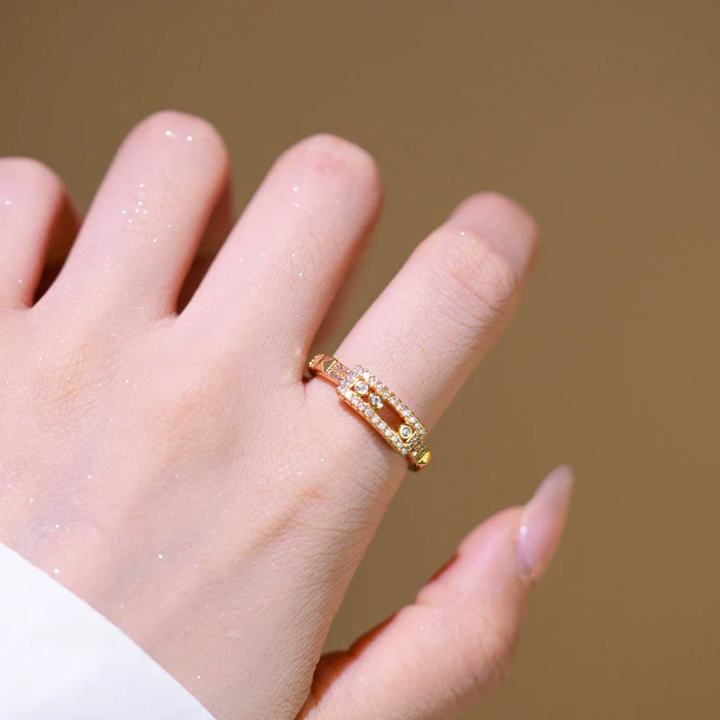 Wholesale Light Luxury Geometric Gold Plated Copper Adjustable Sliding Wide Couple Rings For Women - Image 3