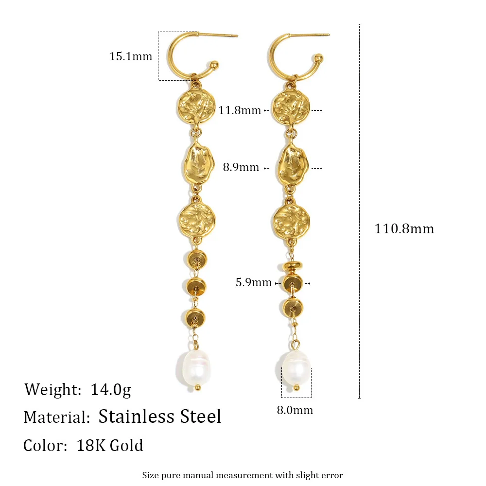 Wholesale Light Luxury Geometric Hammered Pattern Long Tassel Pearl Stainless Steel 18K Gold Plated Earrings For Women - Image 2