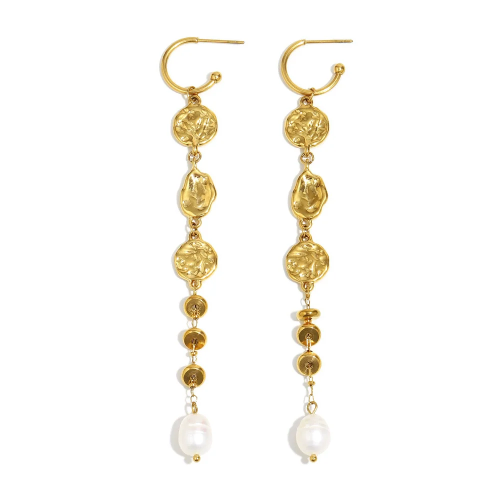 Wholesale Light Luxury Geometric Hammered Pattern Long Tassel Pearl Stainless Steel 18K Gold Plated Earrings For Women - Image 5
