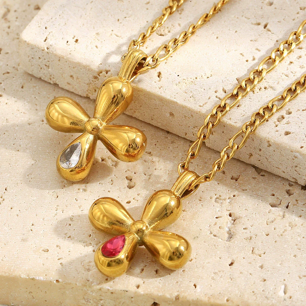 Wholesale Light Luxury Geometric Stainless Steel 18K Gold Plated Cross Red Zirconium Pendant Necklace For Women